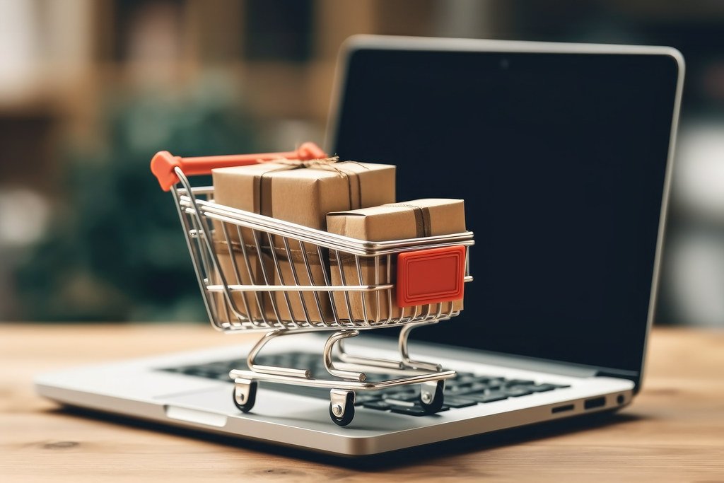 Carrito de la compra con paquetes sobre un portátil que representa una tienda online